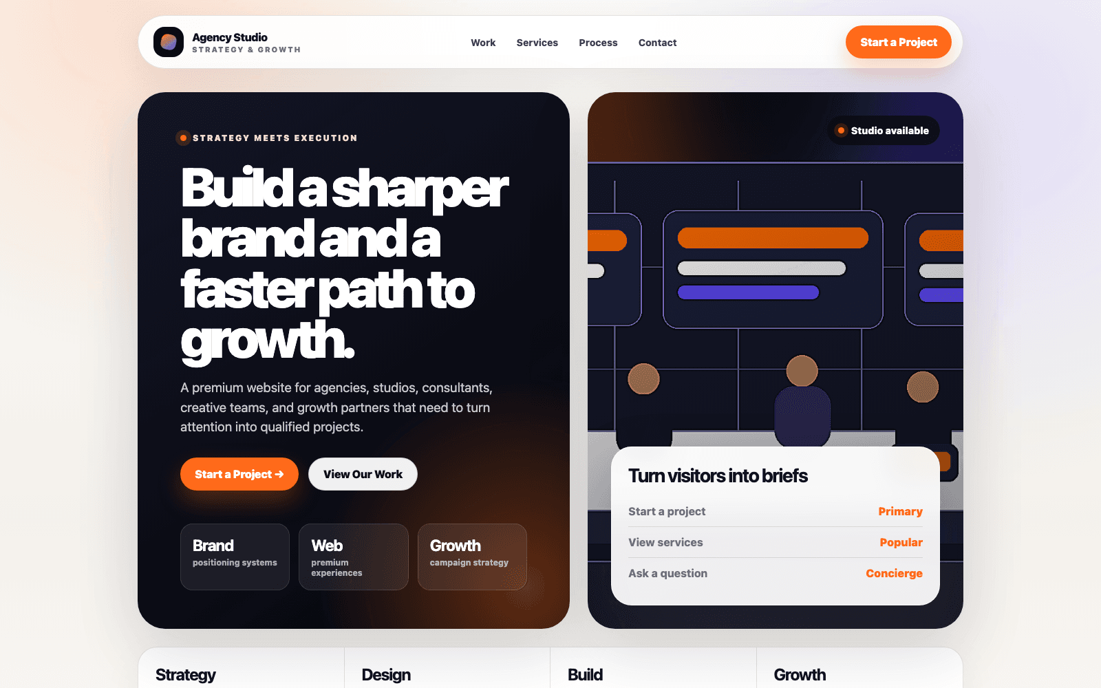 Dark agency website preview with orange highlights, service cards, proof, and a clear contact action. Desktop view.
